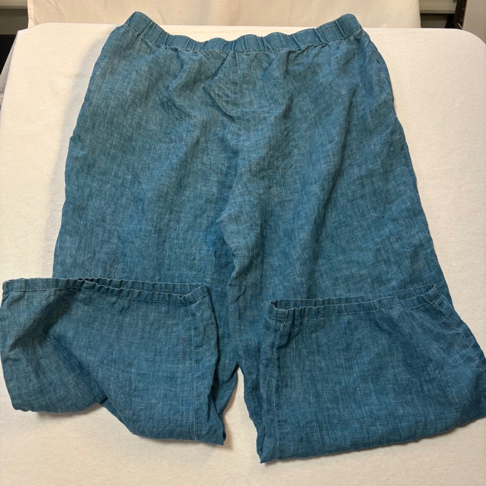 Eileen Fisher, Organic Linen Pants, Teal Blue, Large, Excellent, MSRP $168